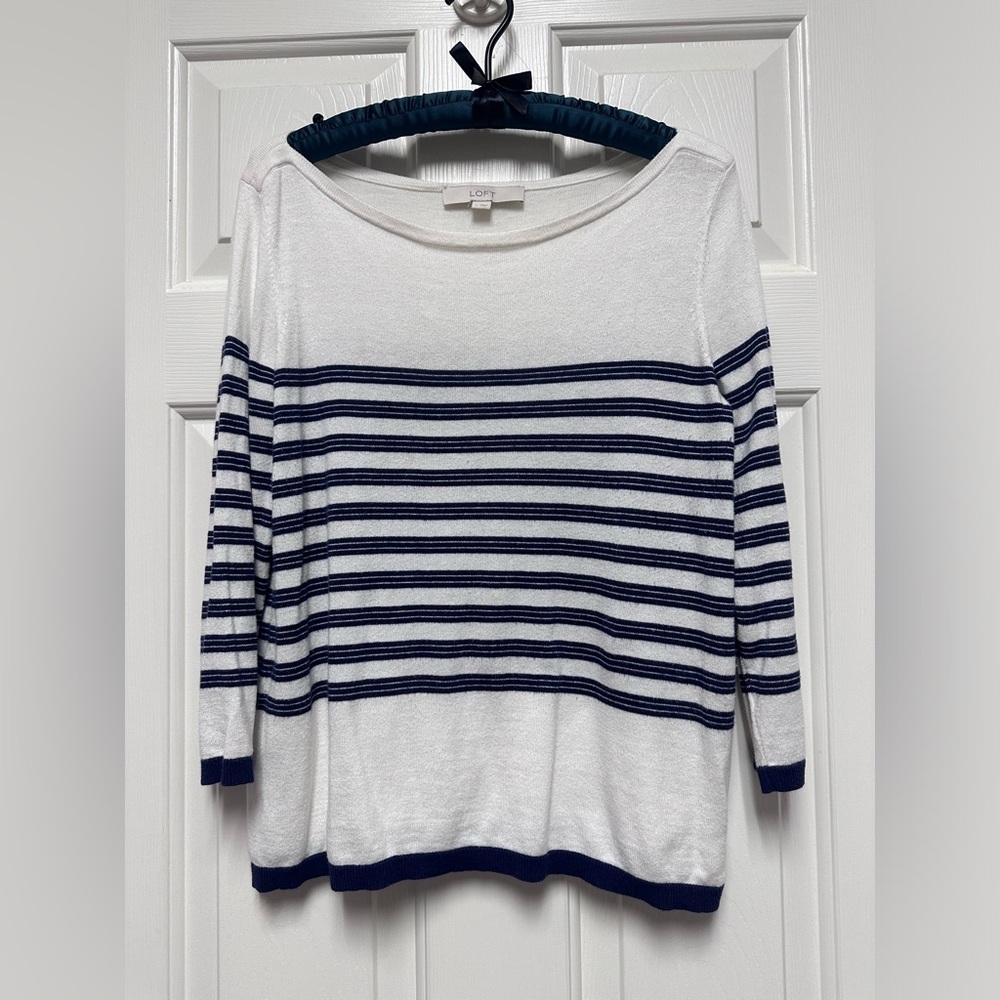 Loft White and Navy Striped Sweater 3/4 Sleeves Size S